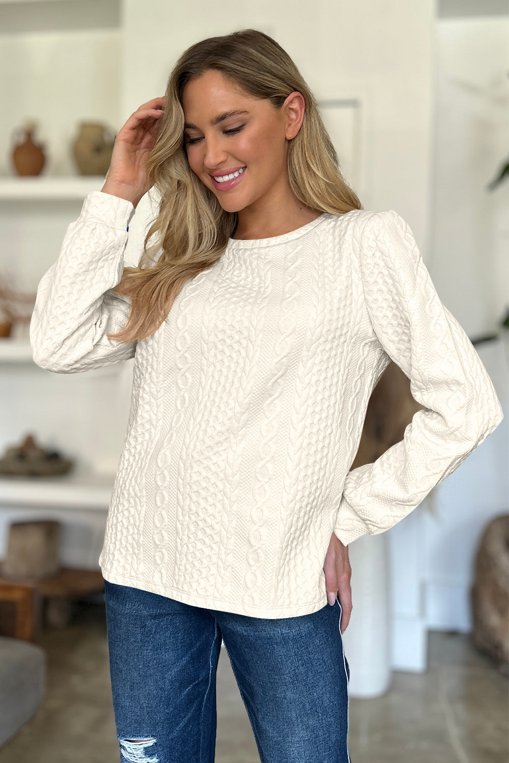 FAM-FAM Textured Round Neck Long Sleeve Sweatshirt