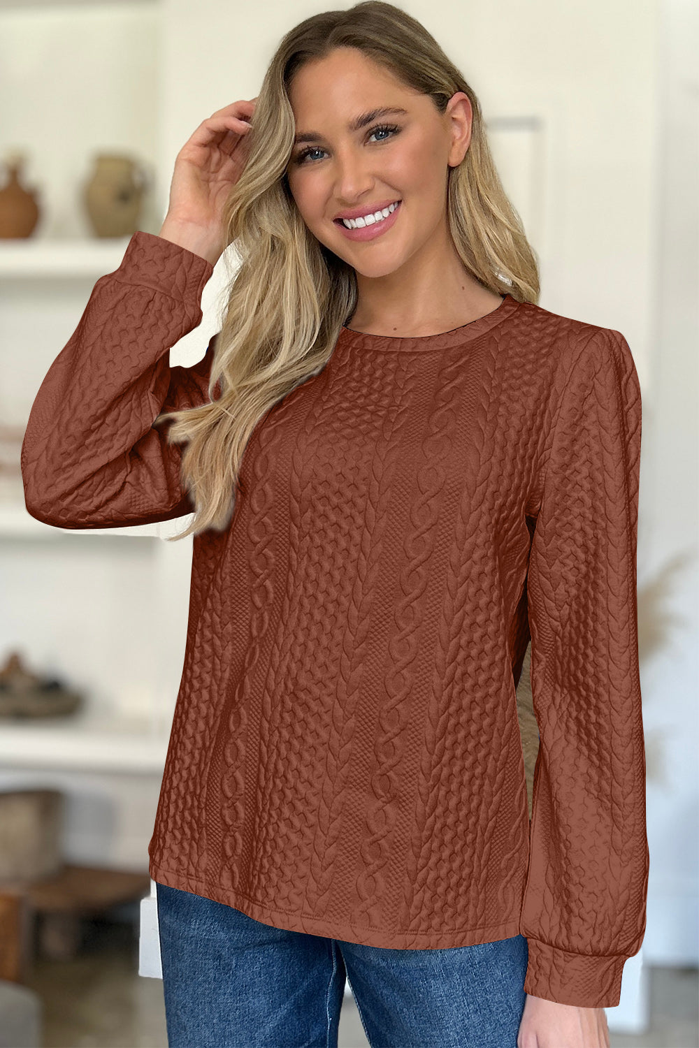 FAM-FAM Textured Round Neck Long Sleeve Sweatshirt