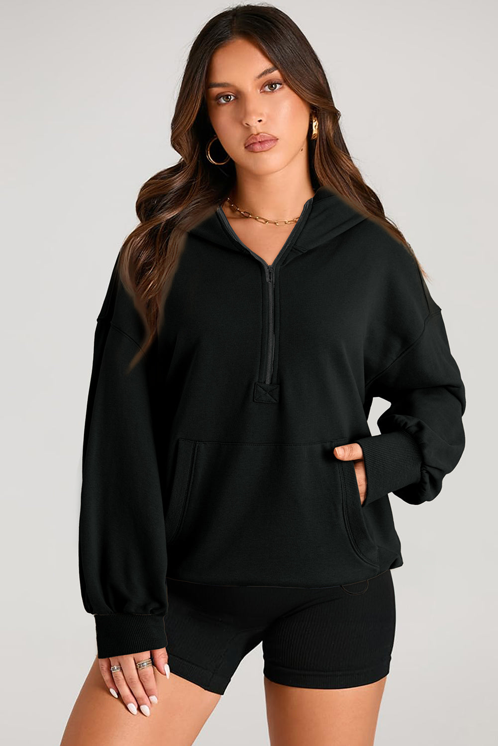 Pocketed Half Zip Long Sleeve Hoodie