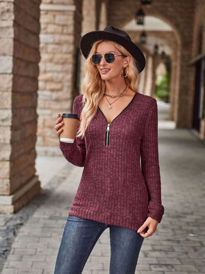 Half-Zip V-Neck Long Sleeve Top