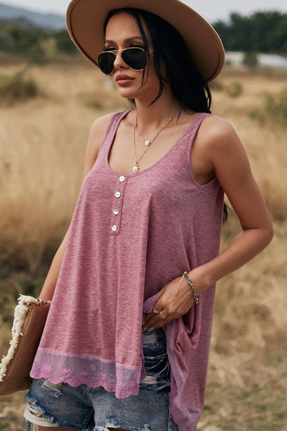 Lace Trim Button Detail Tank Top