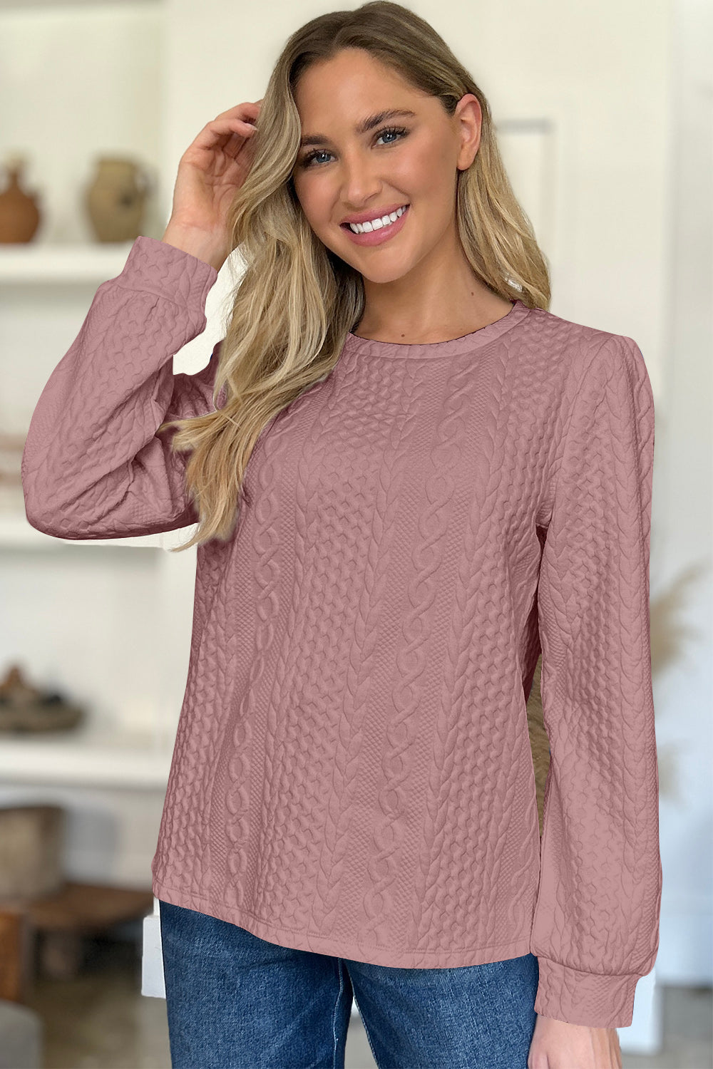 FAM-FAM Textured Round Neck Long Sleeve Sweatshirt