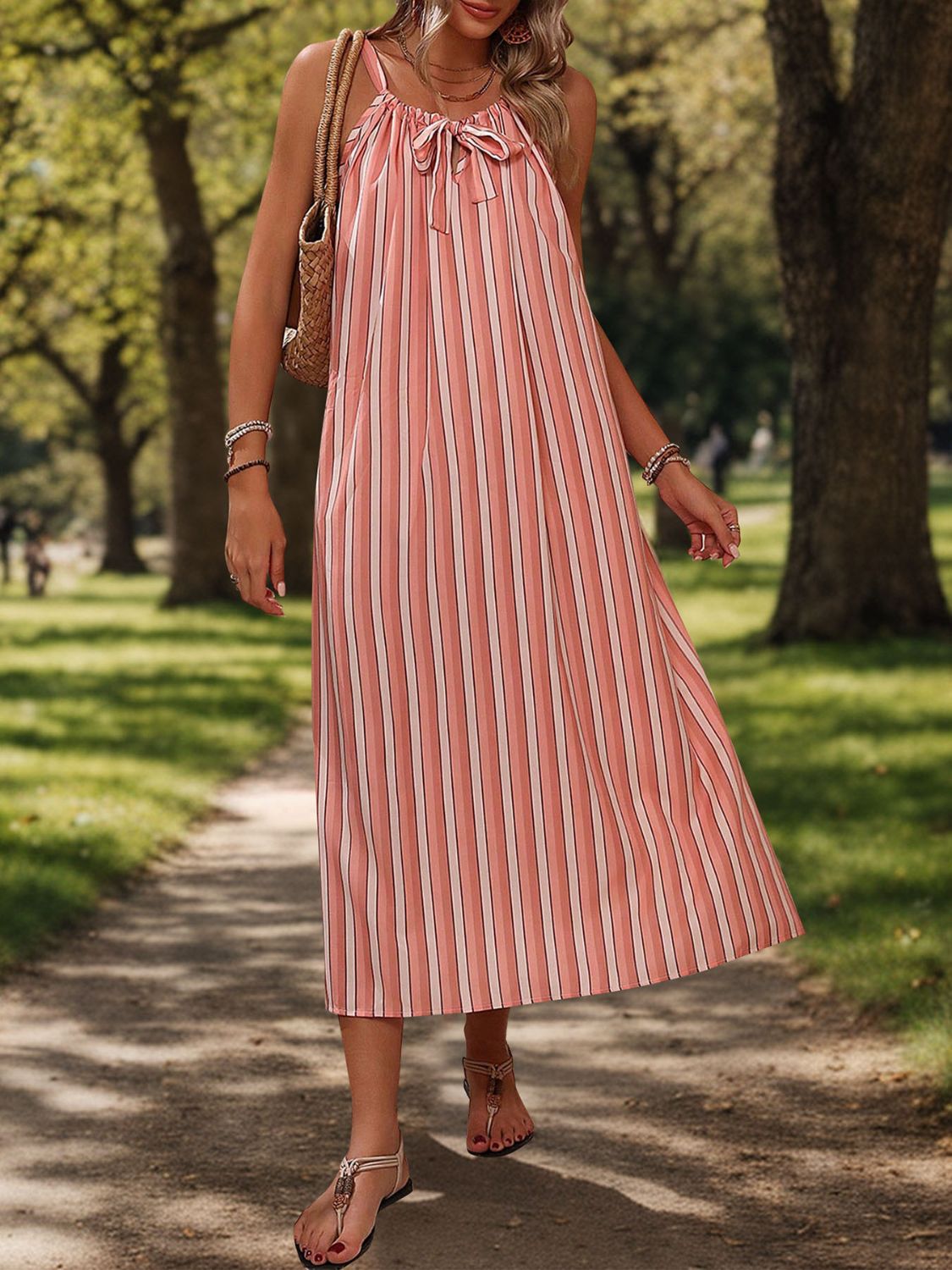 Striped Tie Neck Midi Cami Dress