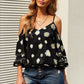 Printed Cold-Shoulder Three-Quarter Flare Sleeve Blouse