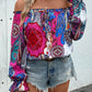 Tied Ruffled Printed Off-Shoulder Long Sleeve Blouse