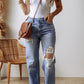 Distressed Straight Leg Jeans with Pockets