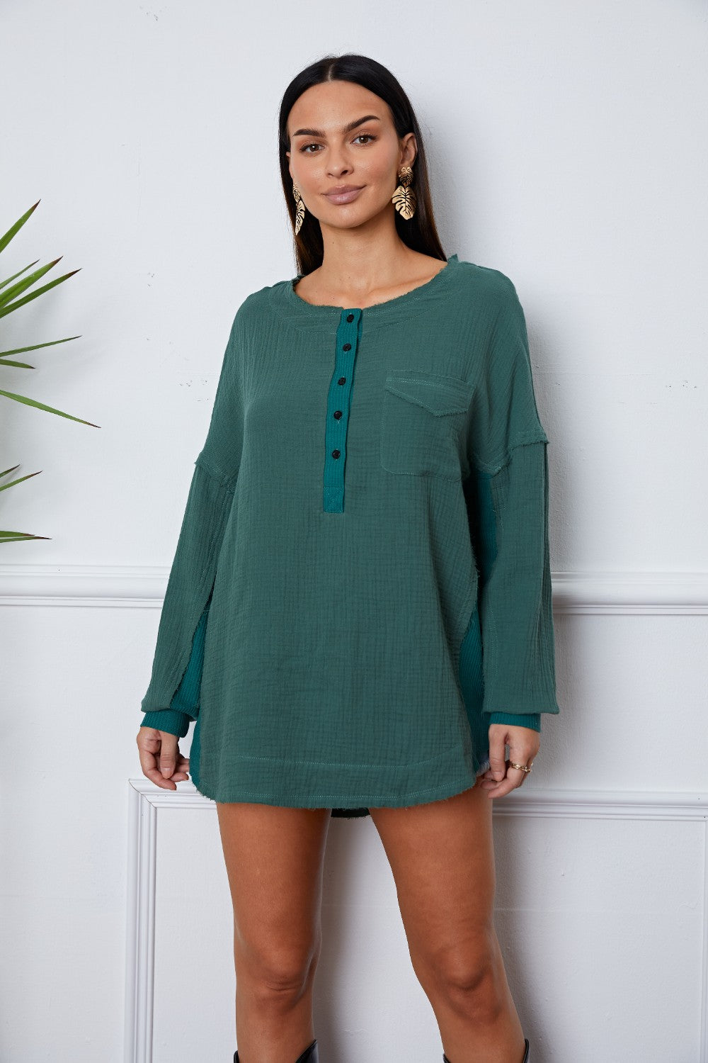 Half Button Up Round Neck Blouse