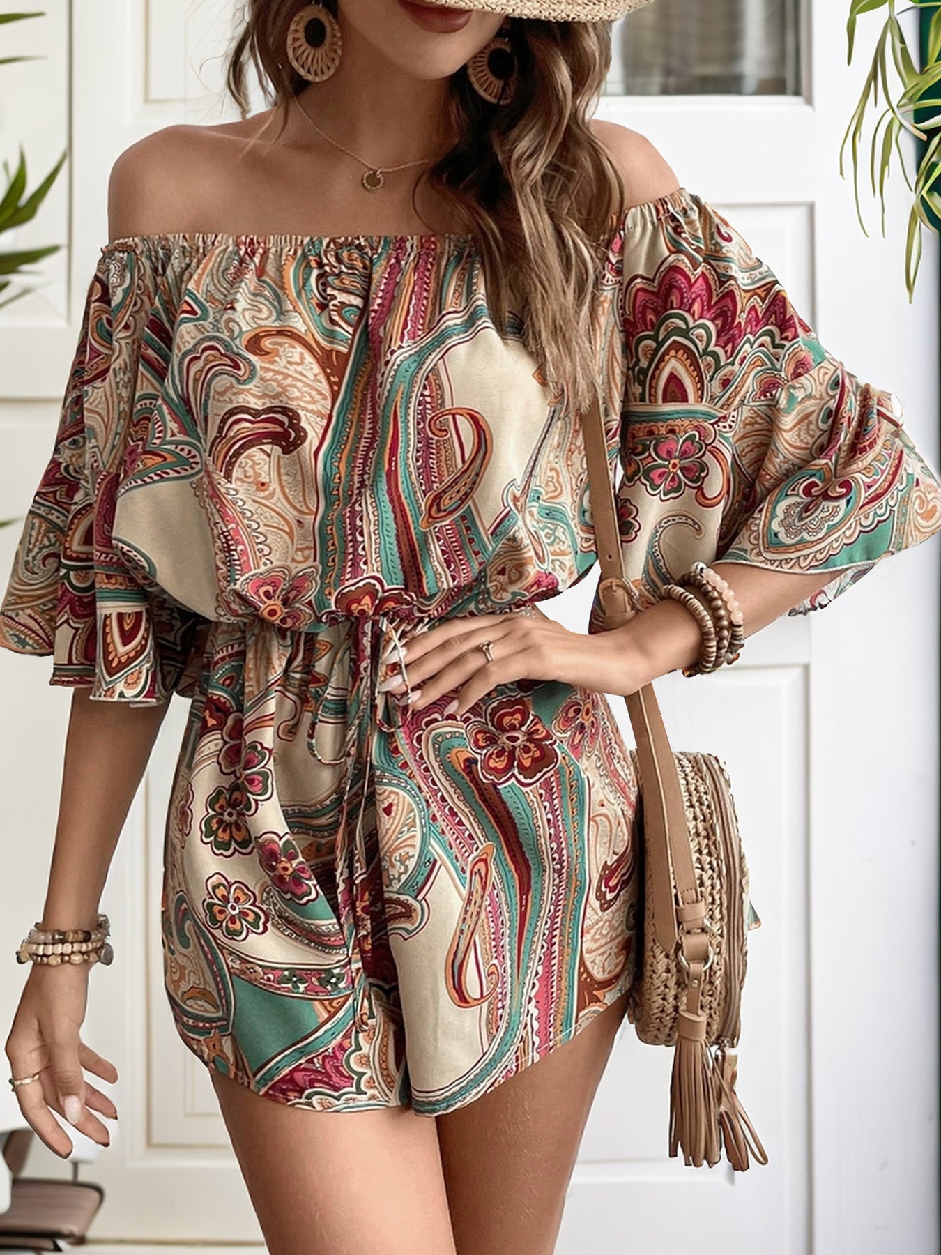 Printed Off Shoulder Half Sleeve Romper