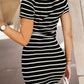 Full Size Striped Johnny Collar Short Sleeve Dress